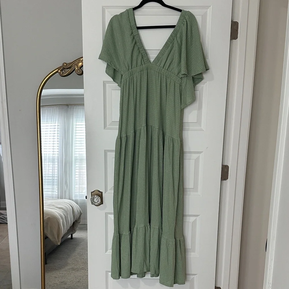 Sage Green V-Neck Tiered Maxi Dress with Flutter Sleeves - Picture 1 of 7